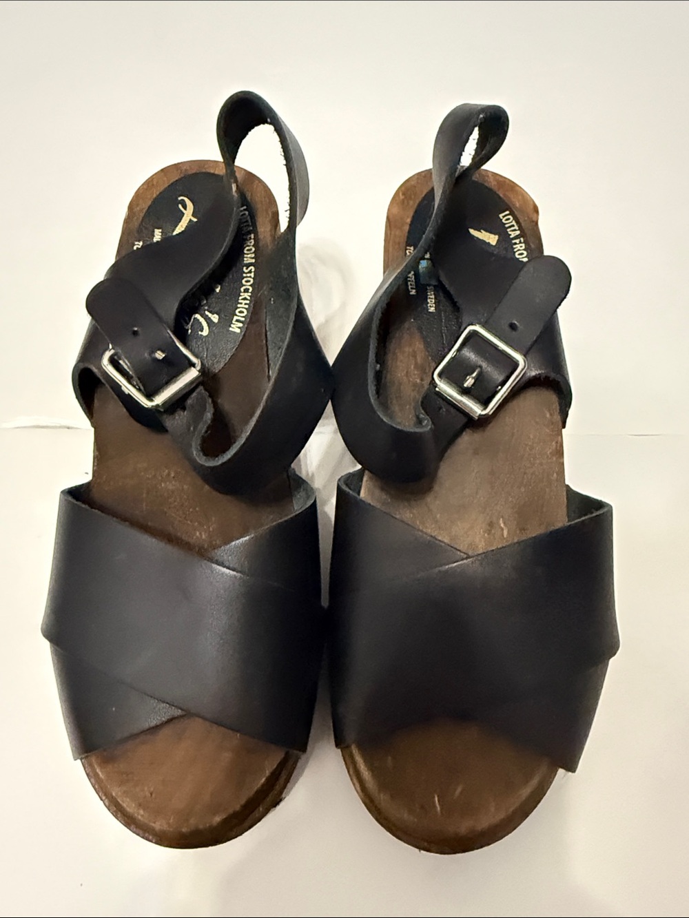 Lotta From Stockholm Black Leather Crisscross Buckle Slingback Sandals